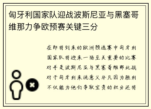 匈牙利国家队迎战波斯尼亚与黑塞哥维那力争欧预赛关键三分