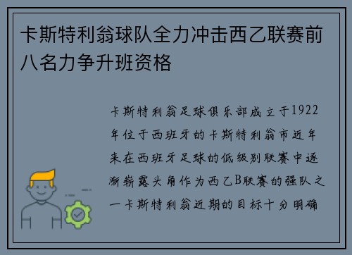 卡斯特利翁球队全力冲击西乙联赛前八名力争升班资格