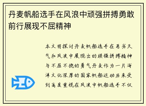 丹麦帆船选手在风浪中顽强拼搏勇敢前行展现不屈精神