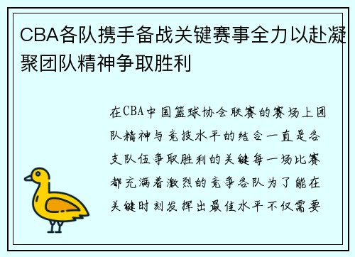 CBA各队携手备战关键赛事全力以赴凝聚团队精神争取胜利