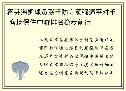 霍芬海姆球员联手防守顽强逼平对手 客场保住中游排名稳步前行